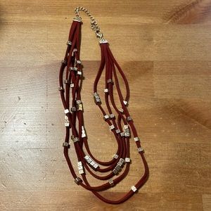Multi tiered square hammered beaded suede necklace